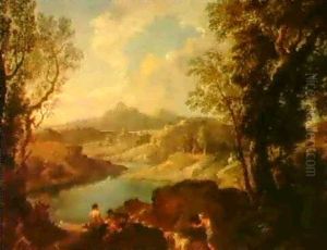 An Italianate Landscape With Figures By A River by Andrea Locatelli