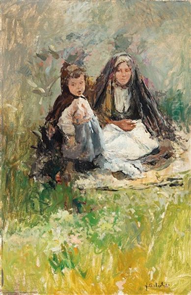 Mother And Child Resting In A Garden - view 1