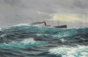 Seascape With An Atlantic Steamer In Rough Sea by Carl Locher