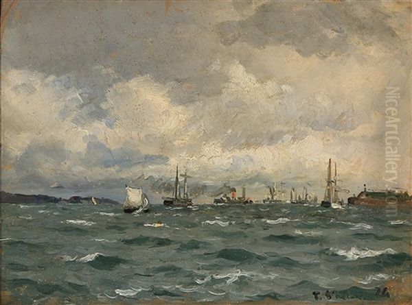 Ships On The Sea With The Castle Kronborg In The Distance - view 1