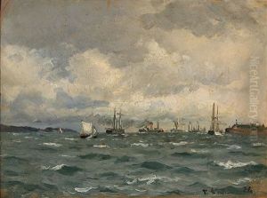 Ships On The Sea With The Castle Kronborg In The Distance by Carl Locher