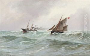 Seascape With Danish Pilot Boat And Steam Boat by Carl Locher