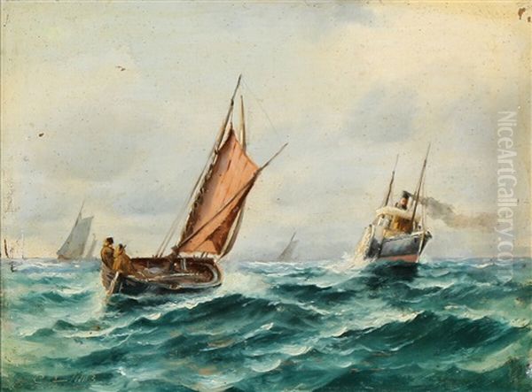 A Sailing Boat And A Paddle Steamer In Windy Weather - view 1