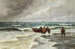Fishermen At Their Boat On The Beach by Carl Locher