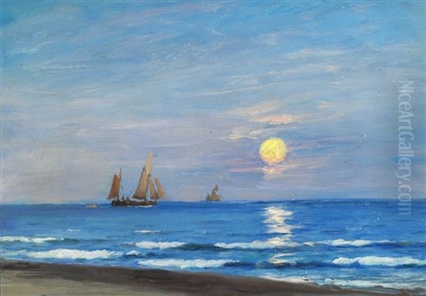 Sailing Boats Off The Coast, Full Moon - view 1