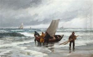 Costal Scenery With Fishermen And Ships At Sea