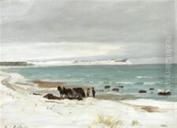 Winter Day At Hornbaek With Men Collecting Seaweed - view 1