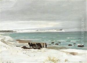 Winter Day At Hornbaek With Men Collecting Seaweed by Carl Locher