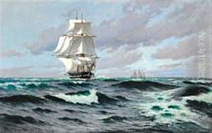 A Danish Frigate In Fresh Breeze In Open Seas by Carl Locher