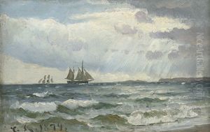 Segelschiffe Am Strand Von Skagen Bei Gewitter by Carl Locher
