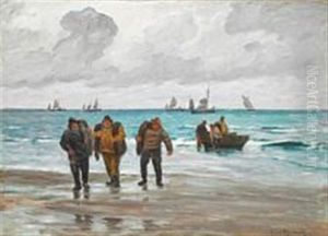Coastal Scene With Fishermen Pulling The Boat Up On Shore by Carl Locher