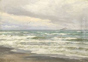 Bewegte See Am Strand, Am Horizont Ein Dampfschiff by Carl Locher