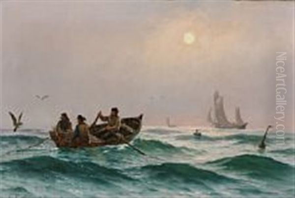 Fishermen In A Rowing Boat At Sea - view 1