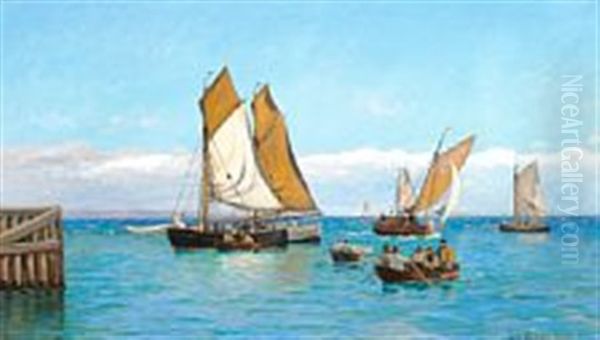 Fishing Boats Off The Pier In Hornbaek, In The Background Kullen - view 1