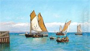 Fishing Boats Off The Pier In Hornbaek, In The Background Kullen