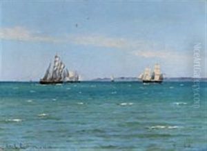 Seascape With Sailing Ships Out Shore Hornbaek