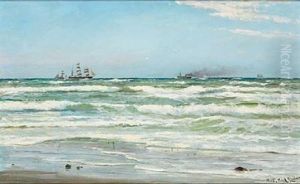 Summer Day At Skagen With Numerous Ships On The Sea by Carl Locher