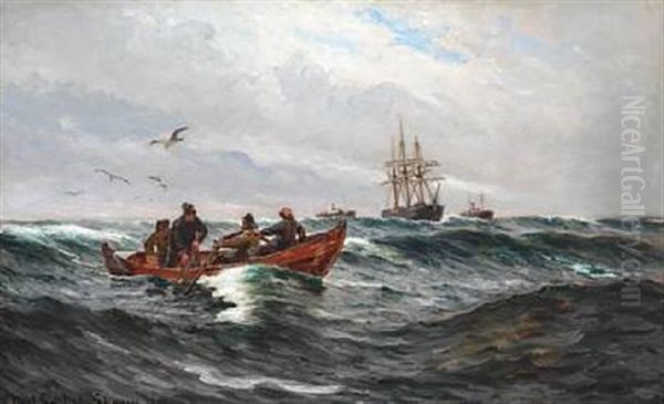Fishermen In Their Rowing Boat At Sea - view 1
