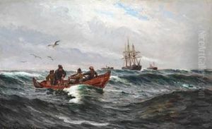Fishermen In Their Rowing Boat At Sea by Carl Locher