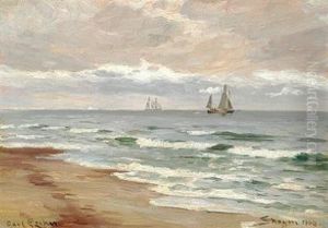 Seascape With Sailing Ships Off The Coast Of Skagen by Carl Locher