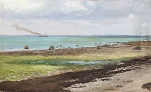 Beach Scene, Nordsjaelland, In The Background The Coast Of Sweden by Carl Locher
