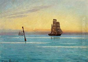 Sunset Over The Sea With Sailing Ships by Carl Locher