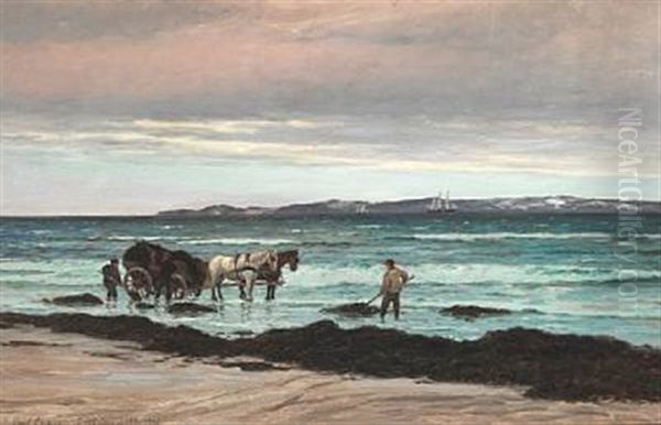 Coastal Scene With Seaweed Collectors, In The Background, Sailing Ships - view 1