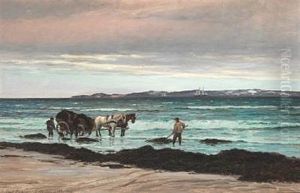 Coastal Scene With Seaweed Collectors, In The Background, Sailing Ships by Carl Locher