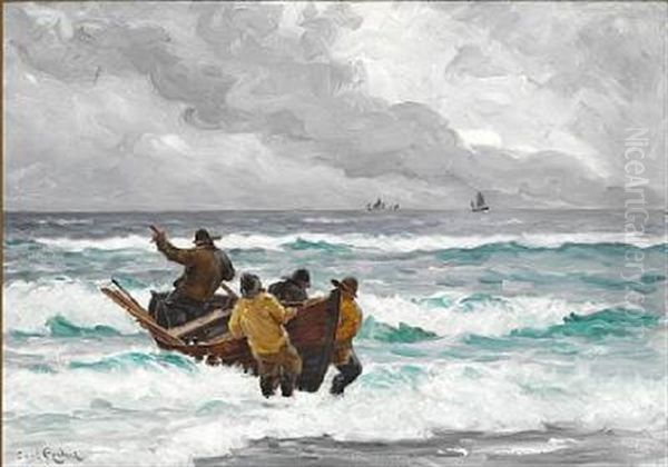 Four Fishermen With Their Boat In High Breakers Off Skagen - view 1