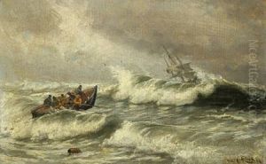 The Lifeboat Is On Its Way Out Into The Rough See To Rescue A Beached Ship by Carl Locher