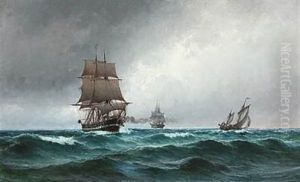 Quiet Evening In The North Sea With The Frigate "jylland" Surrounded By Ships by Carl Locher