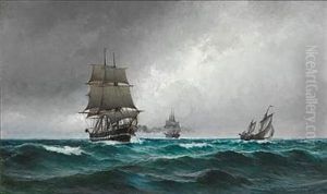 Quiet Evening In The North Sea With The Frigate Jylland Surrounded By Ships by Carl Locher