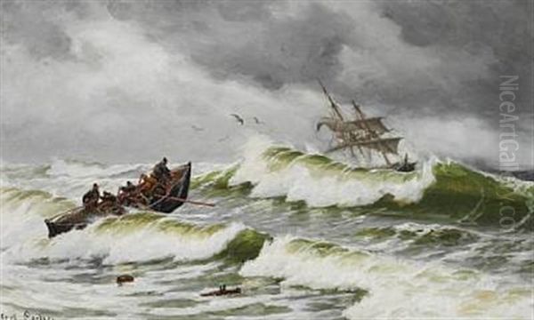 The Lifeboat Is On Its Way Out Into The Rough See To Rescue A Beached Ship - view 1