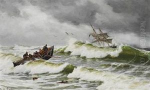 The Lifeboat Is On Its Way Out Into The Rough See To Rescue A Beached Ship by Carl Locher