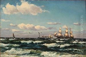 Breakers With Sailing Ships At Sea by Carl Locher