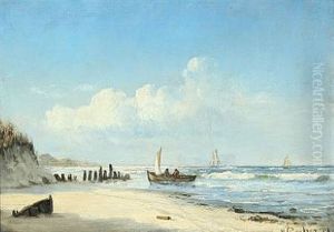 Seashore With Fishermen And A Wavebreaker by Carl Locher