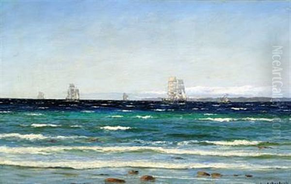 Hornbaek Beach. Ships In The Sound, In The Background Kullen - view 1