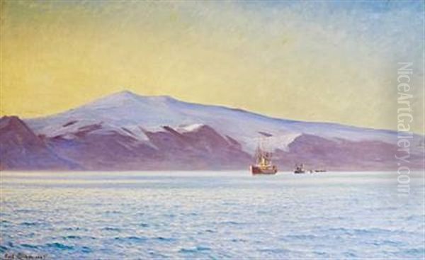 Hans Majestaet Kong Frederik Viii Ombord Pa Et Skib Naer Islands Kyst, I Baggrunden Bjerget Eyjafjaeldsjokul - view 1