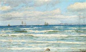 Kystparti Med Braekkende Bolger Og Skibe For Sejl by Carl Locher