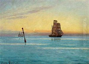 Solnedgang Over Havet Med Sejlskibe I Horisonten by Carl Locher