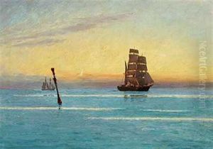 Solnedgang Over Havet Med Sejlskibe I Horisonten by Carl Locher