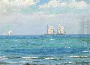 En Tomastet Bark Og En Barkentine Pa Havet by Carl Locher