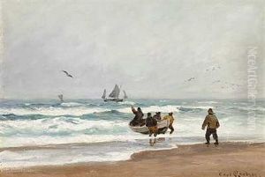 Fiskere Med Deres Robad I Strandkanten En Regnvejrsdag