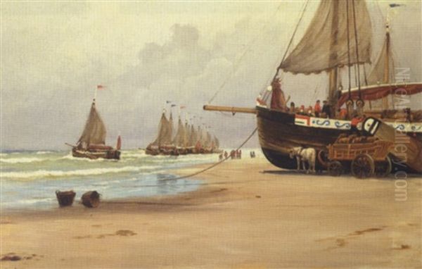 Et Sejlskib Lastes Med Tonder Pa Stranden Ved Scheveningen - view 1
