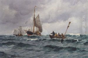 Marine Med Fiskerbade Pa Havet by Carl Locher