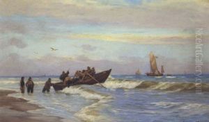 Strandparti Med Fiskerbad Pa Vej Ud Pa Havet Strandparti Med Fiskerbad Pa Vej Ud Pa Havet