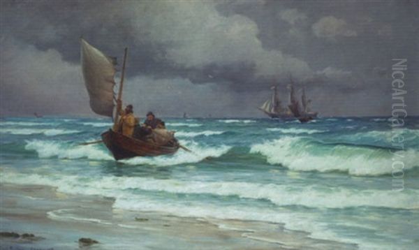Kystparti Fra Skagen, Med Fiskere Der Gar I Land Og Sejlskibe Pa Havet - view 1