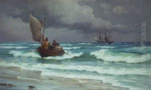 Kystparti Fra Skagen, Med Fiskere Der Gar I Land Og Sejlskibe Pa Havet by Carl Locher