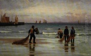 Fiskere Med Deres Garn Pa Hornbaek Strand