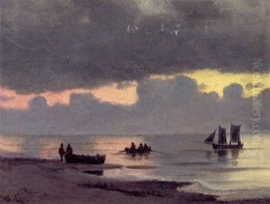 Aftenstemning Med Fiskere Ved Deres Bade Pa Stranden by Carl Locher